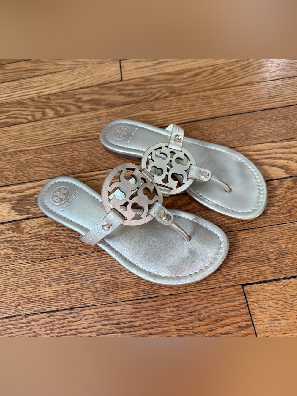 Tory Burch Metallic Gold Miller Logo Thong Sandals - Size 6